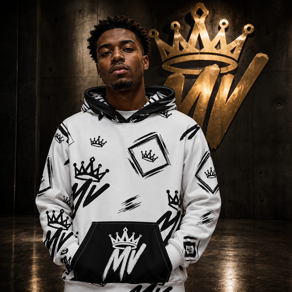 Moneyvation White & Black  Signature Print Premium Cotton Hoodie