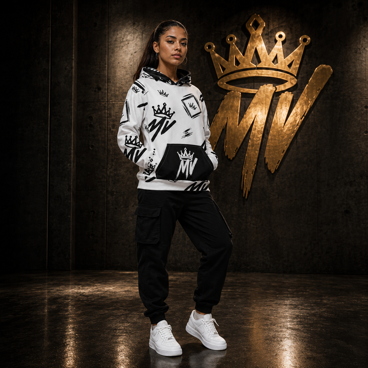 Moneyvation White & Black  Signature Print Premium Cotton Hoodie