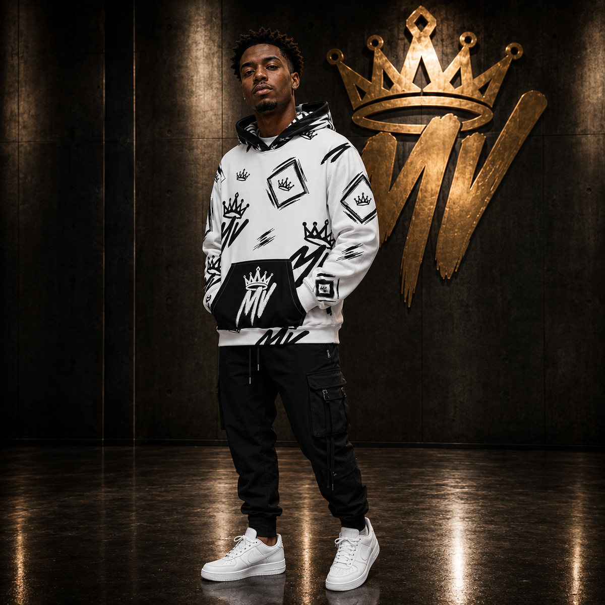 Moneyvation White & Black  Signature Print Premium Cotton Hoodie
