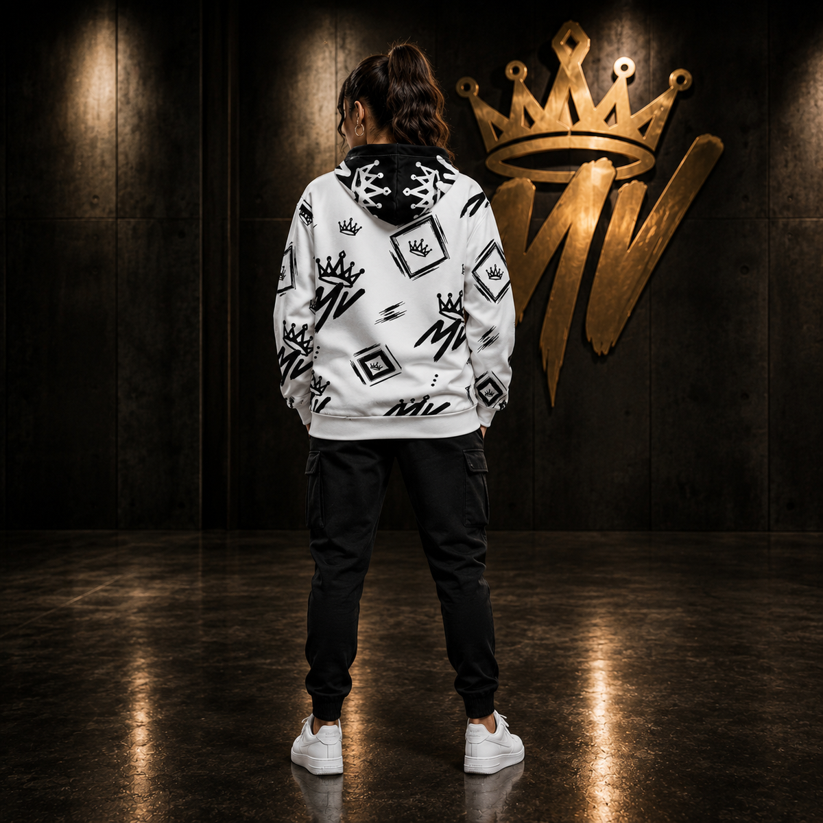 Moneyvation White & Black  Signature Print Premium Cotton Hoodie