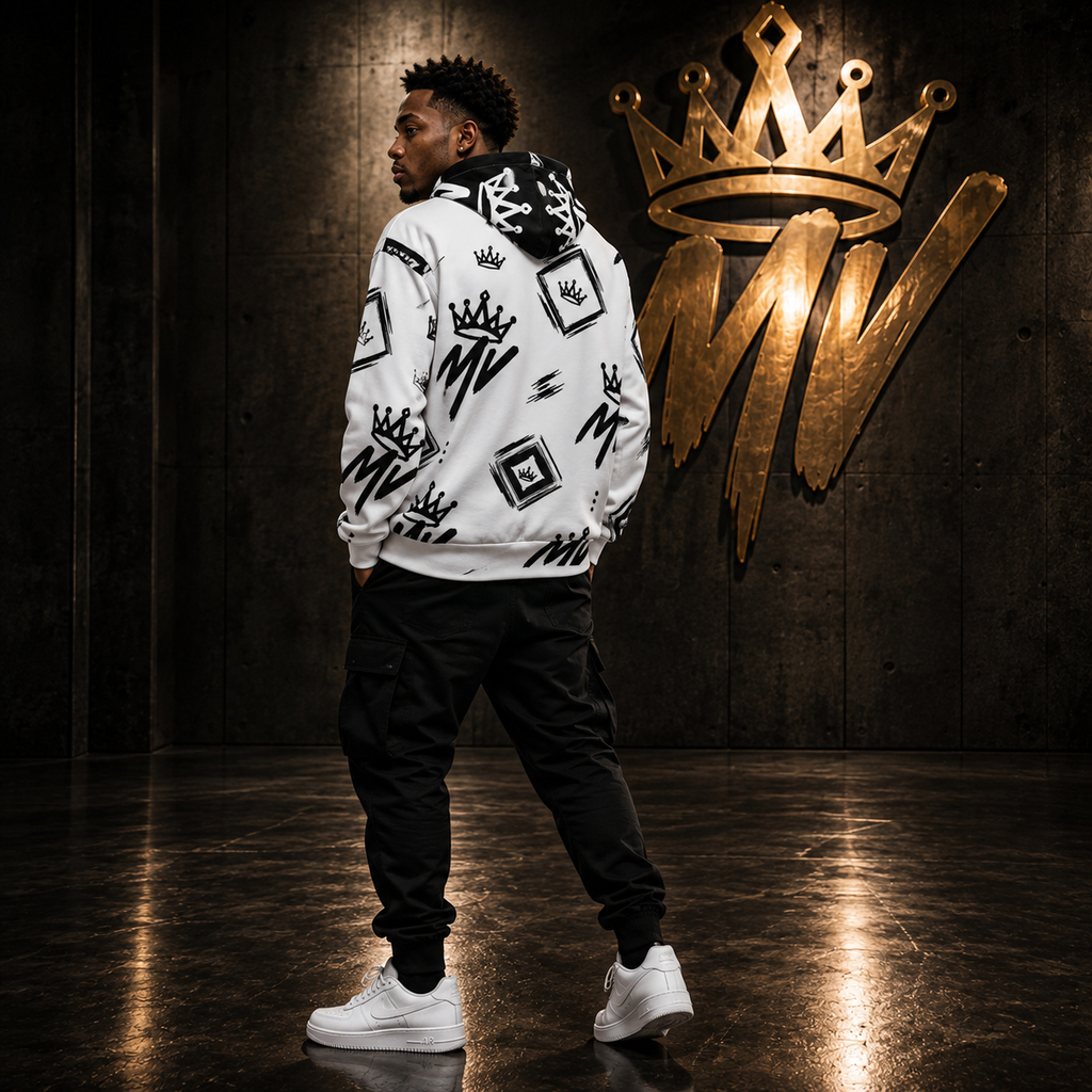 Moneyvation White & Black  Signature Print Premium Cotton Hoodie