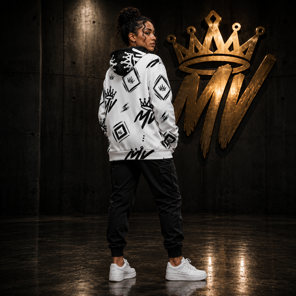 Moneyvation White & Black  Signature Print Premium Cotton Hoodie