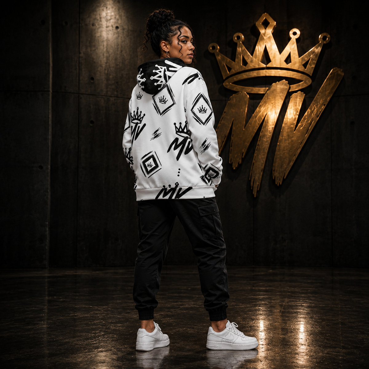 Moneyvation White & Black  Signature Print Premium Cotton Hoodie
