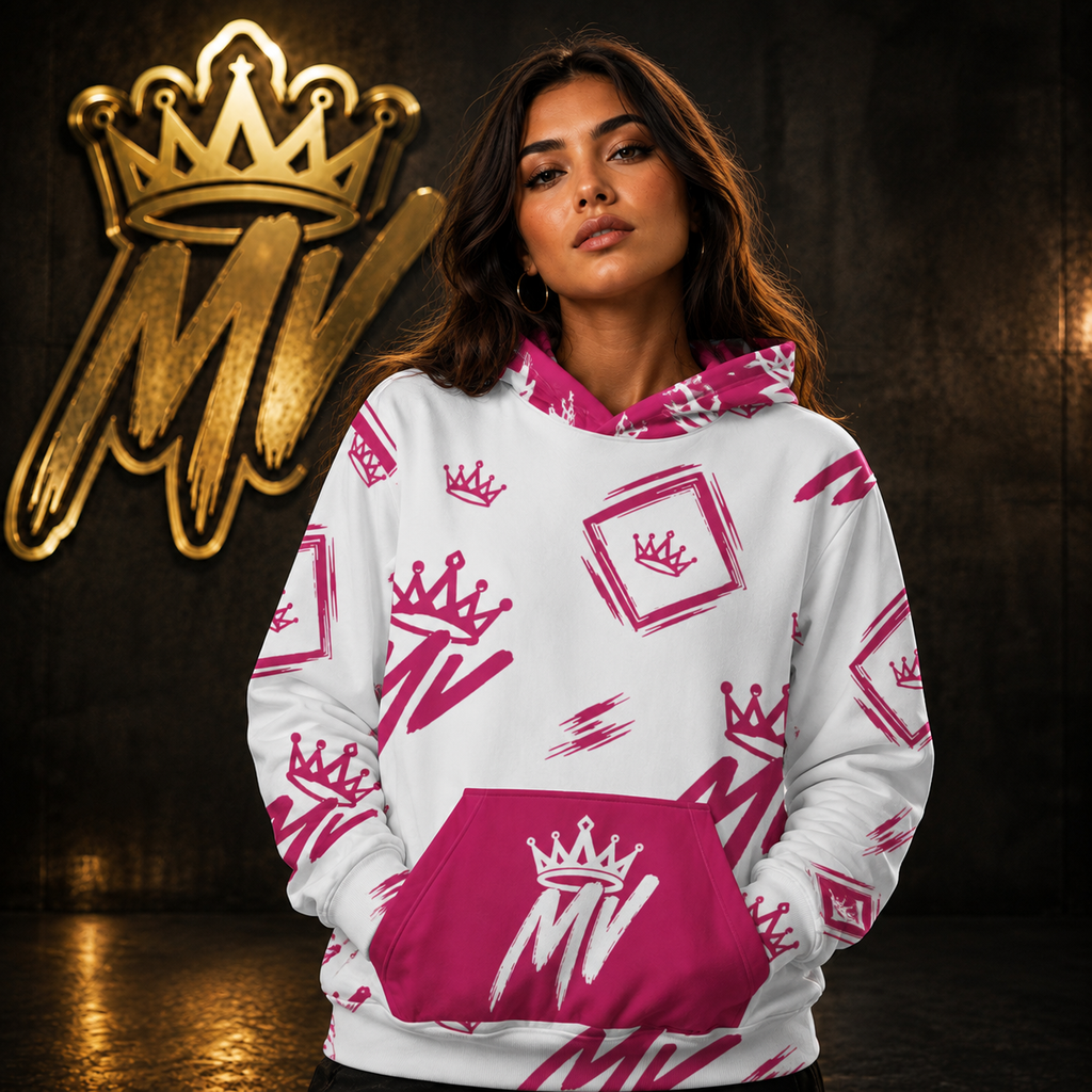 Moneyvation  White & Pink Signature Print Premium Cotton Hoodie
