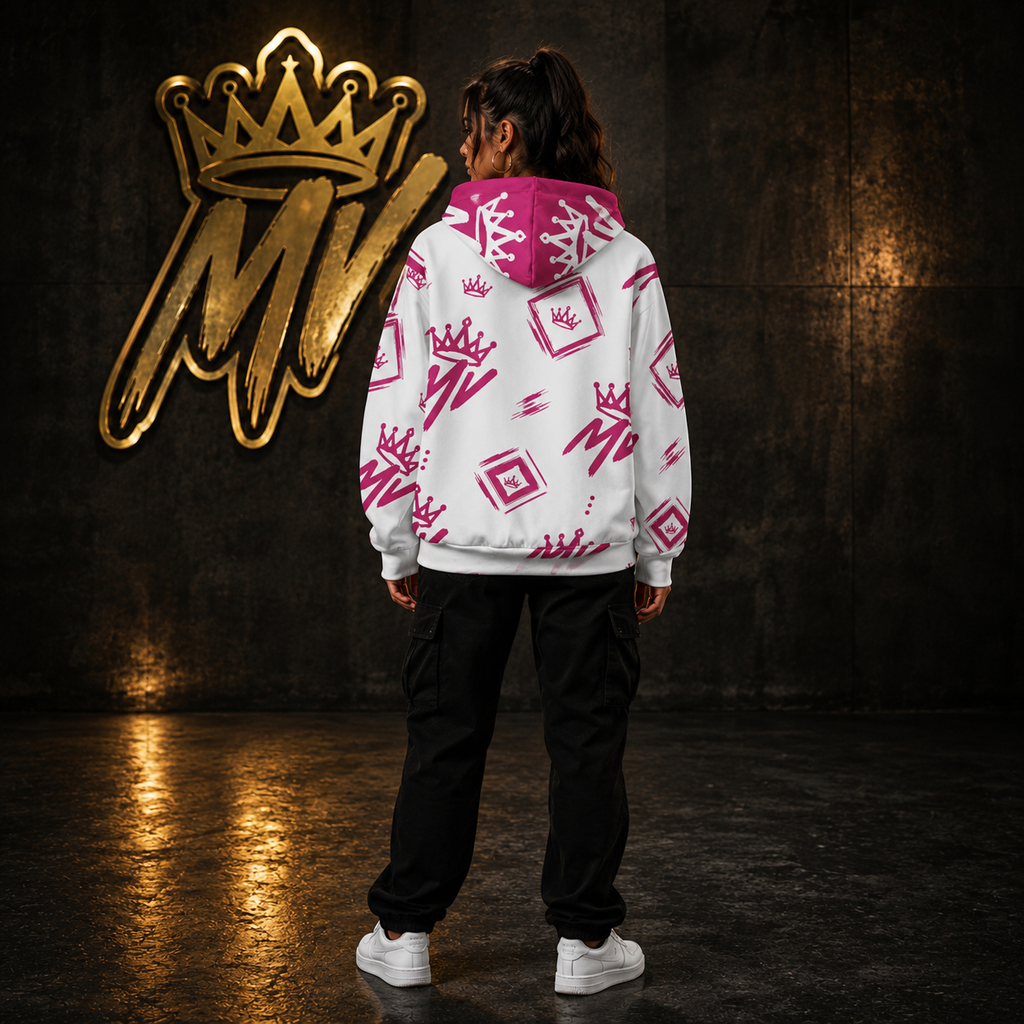 Moneyvation  White & Pink Signature Print Premium Cotton Hoodie