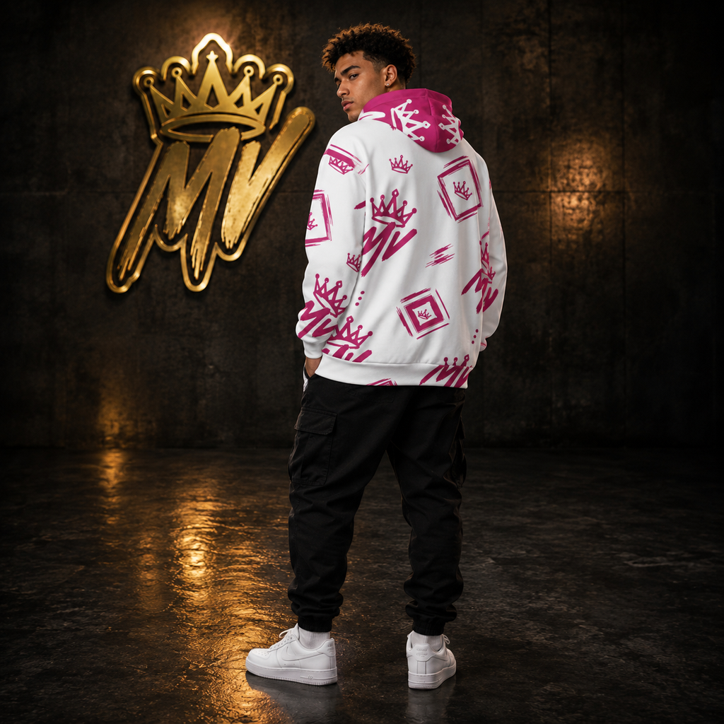 Moneyvation  White & Pink Signature Print Premium Cotton Hoodie