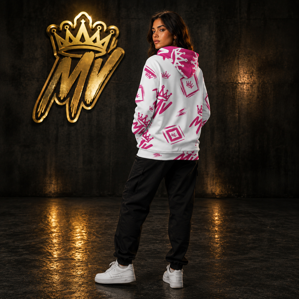 Moneyvation  White & Pink Signature Print Premium Cotton Hoodie