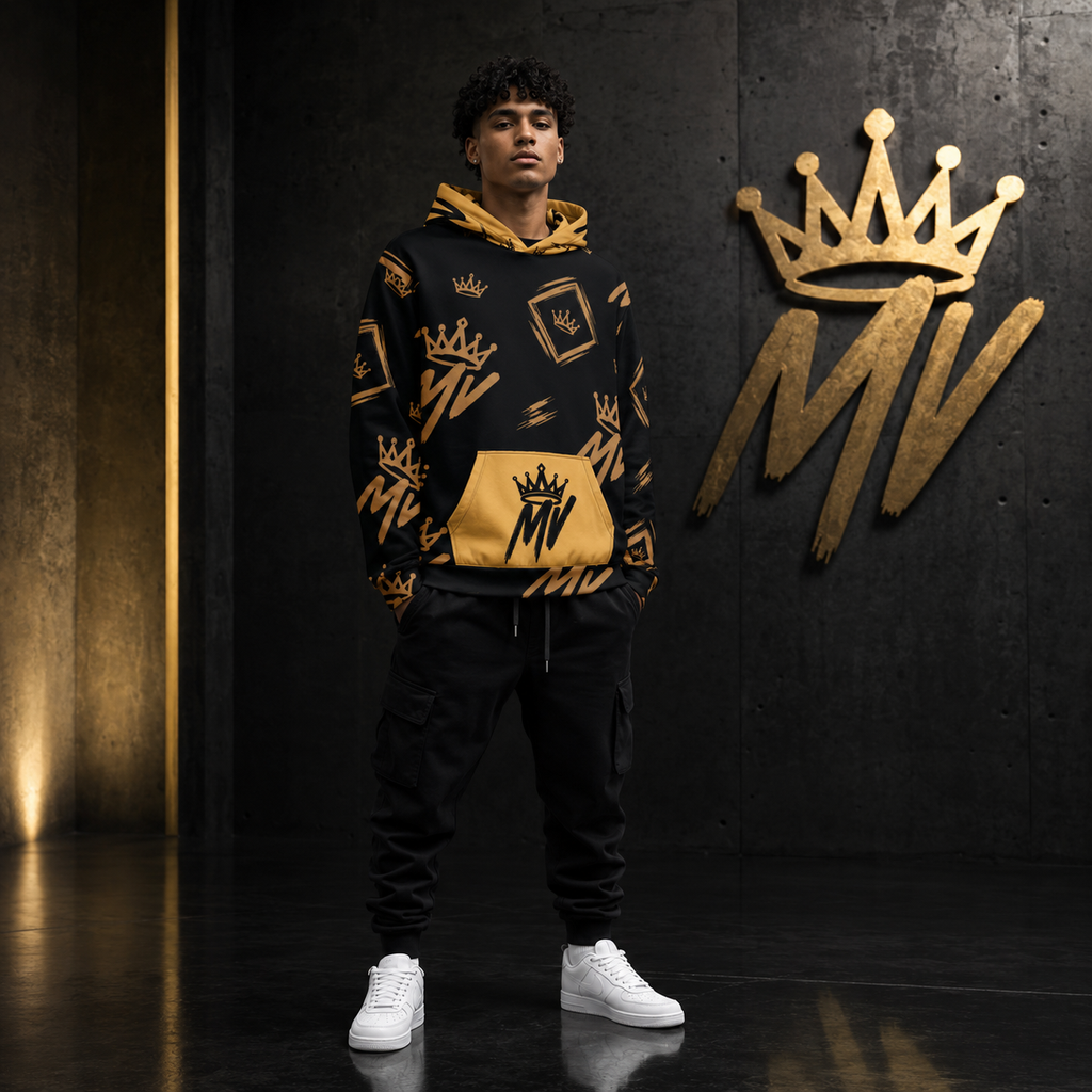 Moneyvation  Black & Gold Signature Print Premium Cotton Hoodie