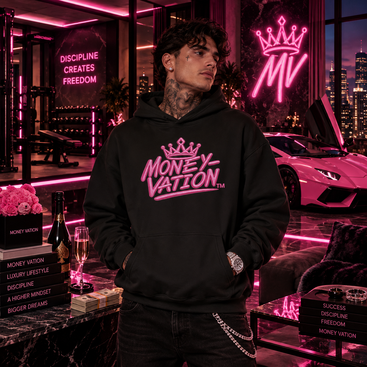 Moneyvation Premium Pink Crown Signature Heavyweight Hoodie