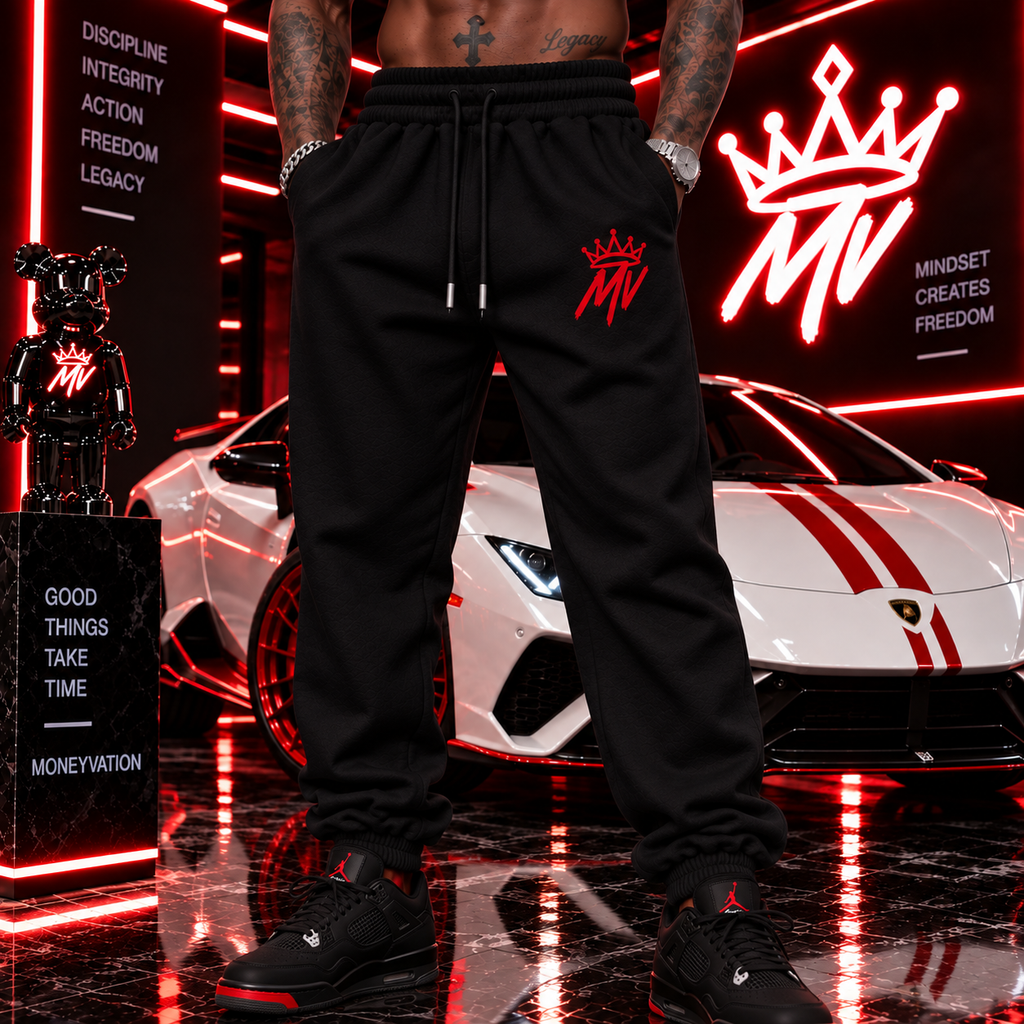 Moneyvation Red Embroidery MV/CROWN Joggers