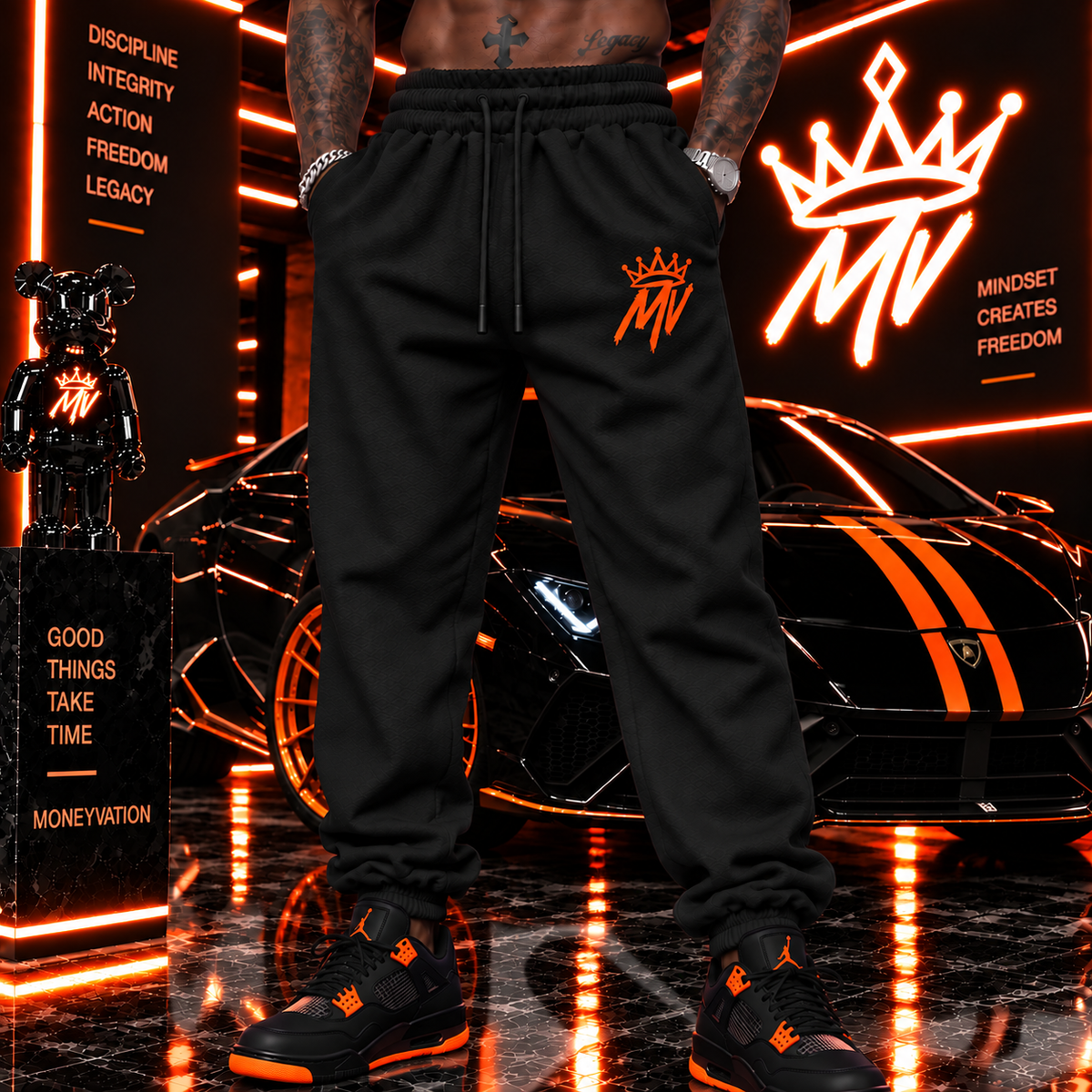 Moneyvation Orange Embroidery MV/CROWN Joggers