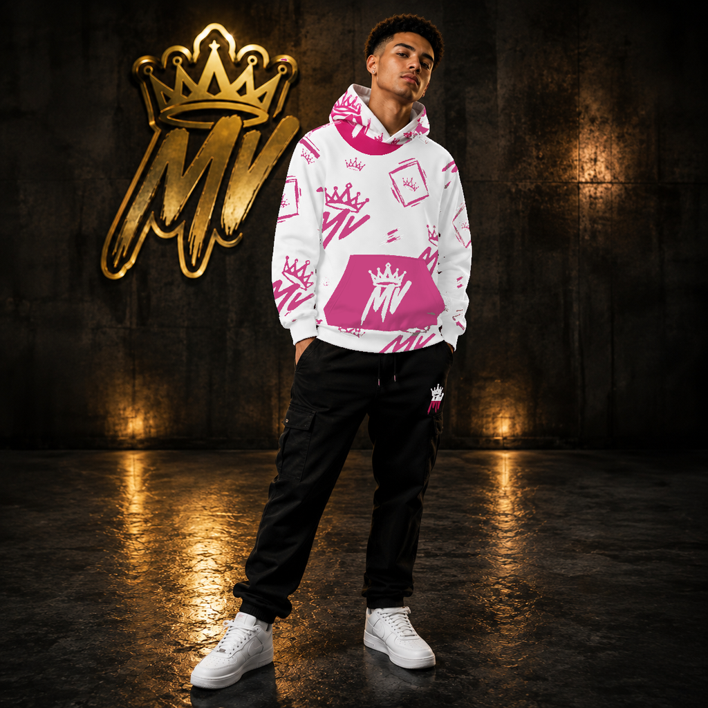 Moneyvation  White & Pink Signature Print Premium Cotton Hoodie