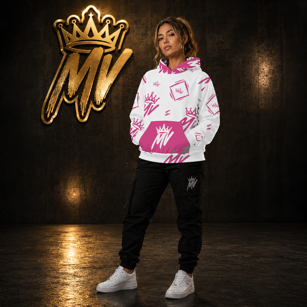 Moneyvation  White & Pink Signature Print Premium Cotton Hoodie