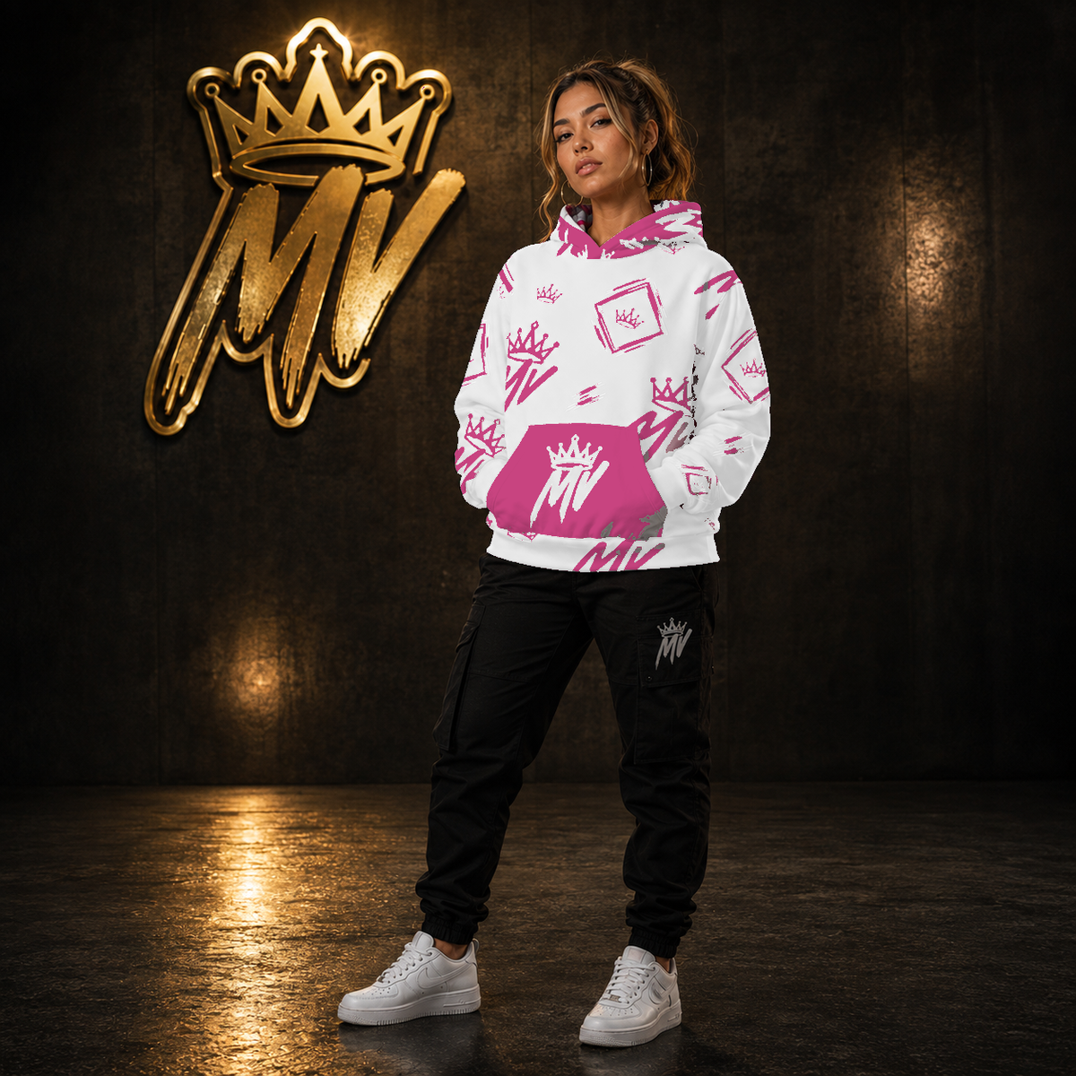 Moneyvation  White & Pink Signature Print Premium Cotton Hoodie
