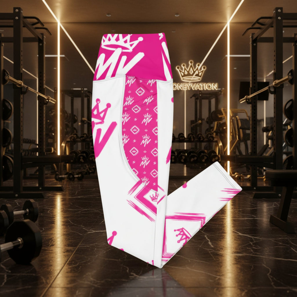 Moneyvation Signature Pink Print Athletic Leggings with pockets