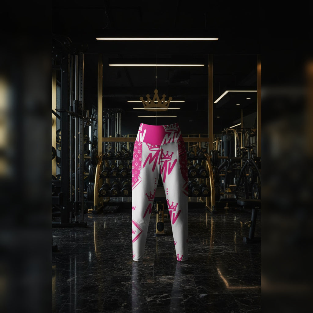 Moneyvation Signature Pink Print Athletic Leggings with pockets