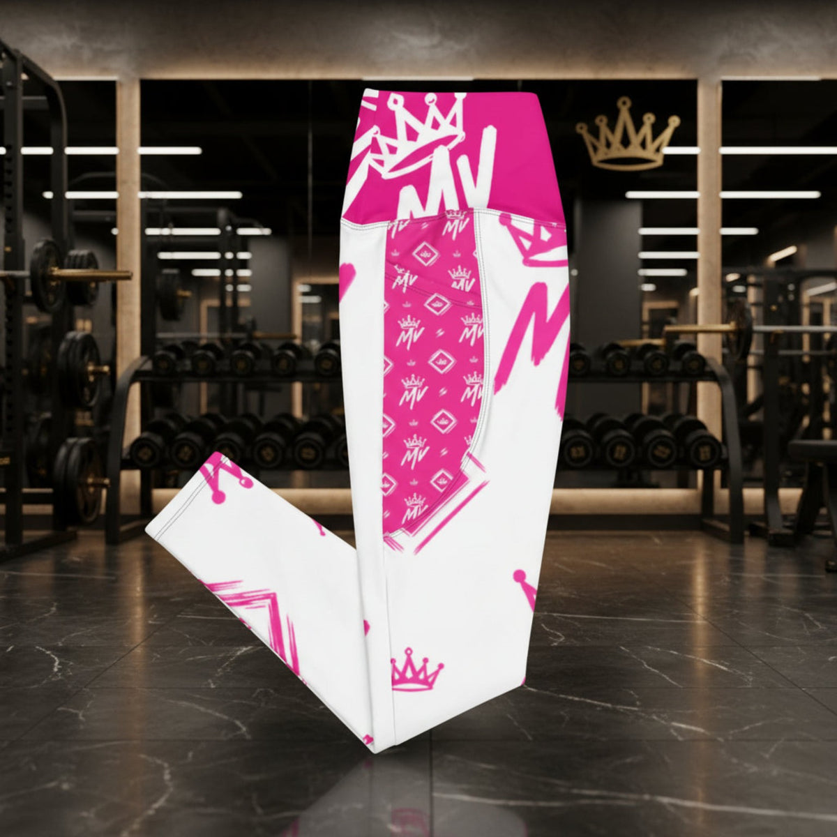 Moneyvation Signature Pink Print Athletic Leggings with pockets