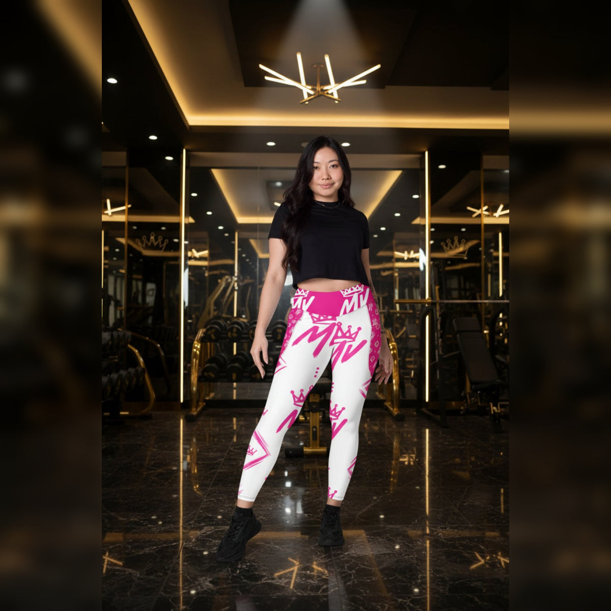 Moneyvation Signature Pink Print Athletic Leggings with pockets