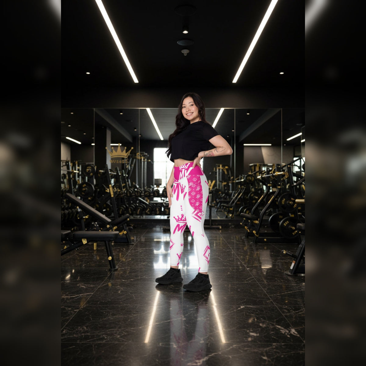 Moneyvation Signature Pink Print Athletic Leggings with pockets